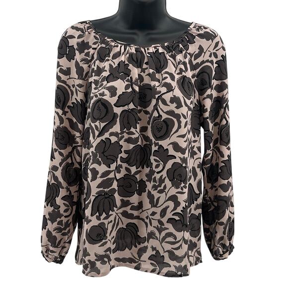 Loft Blouse WMNS XSP Floral Blush Pink Brown Long Sleeve Lightweight Round Neck - Picture 1 of 7